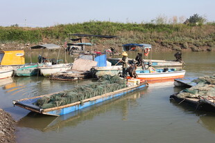 河畔停泊的多彩渔船