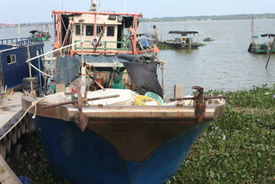 停靠岸边的蓝色渔船