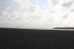 海边黑沙滩与蓝天白云