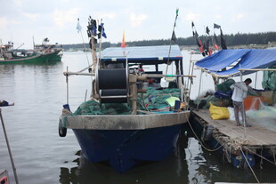 停靠码头的蓝色渔船