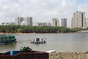 江边城市风光与停泊船只