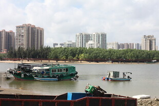 江边停泊的多彩船只