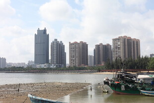 城市江畔船只与高楼景观