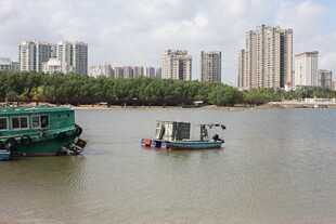 河畔船只与林立高楼景观