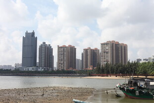 河畔城市景观与停泊船只