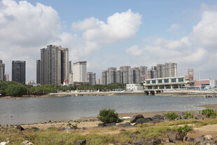 河畔高楼林立的城市景观