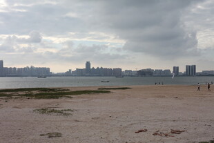 城市边的沙滩与天际线