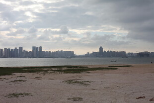 城市天际线与开阔滩涂景观