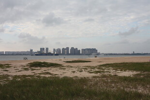 海滨城市远景与沙滩景观