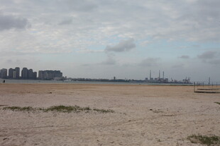 空旷沙地与远处城市景观