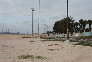 空旷沙滩与远处路灯景观