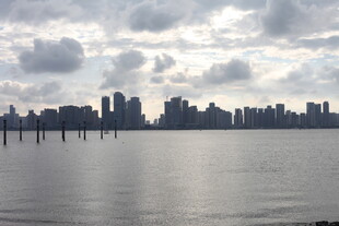 城市天际线与平静水面