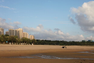 海滨沙滩与远处高楼美景