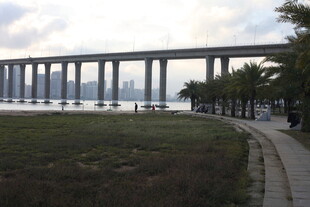 江边长桥与行人漫步景致