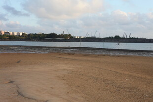 黄昏下的宁静沙滩与水域