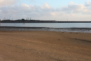 宁静海滩与远处水域景观
