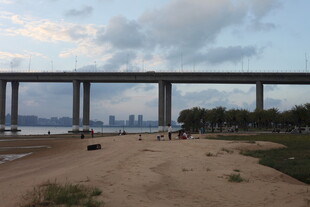 河畔大桥下的休闲场景