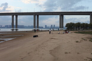 江边沙滩与远处桥梁风景