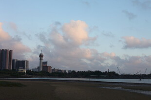 海滨城市黄昏美丽天际线