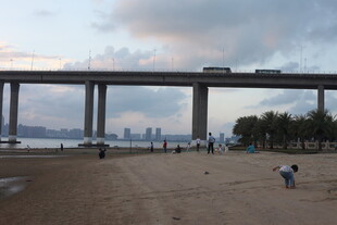 江边大桥下的休闲场景