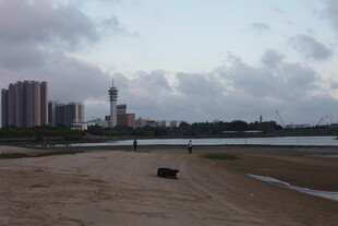 城市河畔的开阔沙滩景致