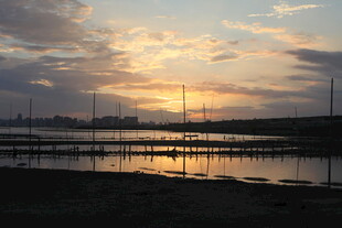 夕阳下的宁静码头景象