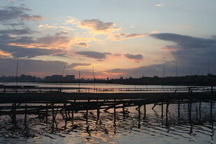 夕阳下的水边栈桥美景