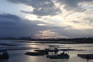 夕阳下宁静的水边停泊场景
