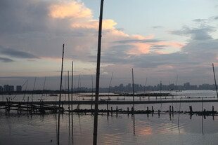 黄昏下宁静的水上帆船景象