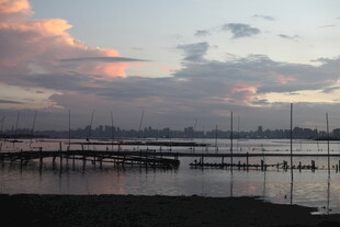 黄昏下的宁静水边景致