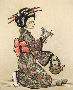 跪坐的和服女子持茶具