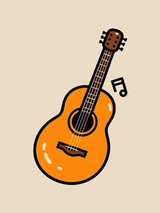 手绘橙色吉他与音符
