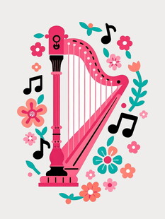 粉色竖琴与花卉音符图案