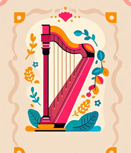 彩色竖琴插画花卉环绕