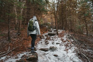 徒步者穿行于林间雪地