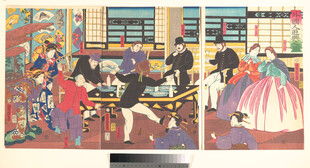 复古室内社交场景插画