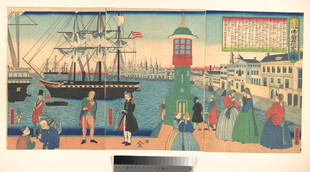 港口热闹景象的复古画作