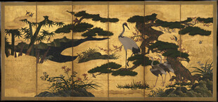 中式古典仙鹤山水屏风画