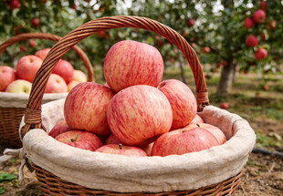 果园中装满红苹果的篮子