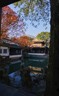 秋日庭院中的静谧水景
