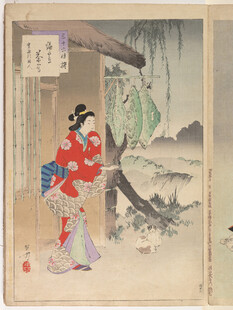 古典美人倚门赏景图