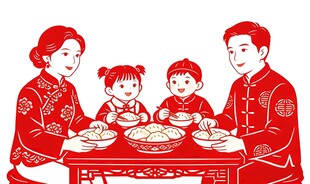 新中式国风国潮合家吃饭矢量设计