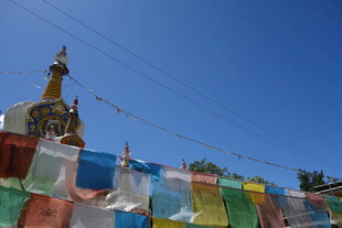 藏区经幡飘扬于蓝天之下