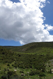 蓝天白云下的翠绿山坡