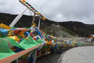 藏区路边五彩经幡景观