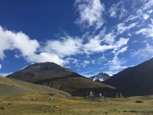 高原蓝天雪山下的开阔景致