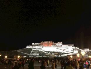 夜晚热闹的建筑前人群景象