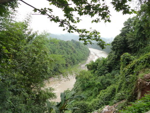 山间蜿蜒河流与葱郁植被