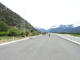 公路上的骑行者与山景