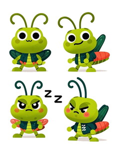 可爱绿蚱蜢的多样表情